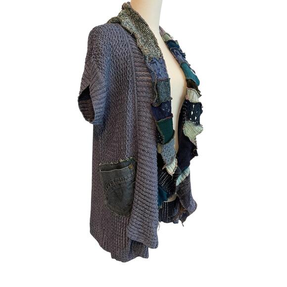 Upcylce Boho Sweater Womens M Blue Patchwork Lagenlook Cardigan Linen Knit - Picture 2 of 11